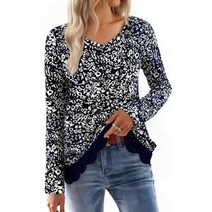 CRAZY GRID Women Casual Long Sleeve Loose Fit Lace Hem Knit Pullover T-Shirt Fall Fashion Blouse for Leggings (XX-Large, A Dark Blue)