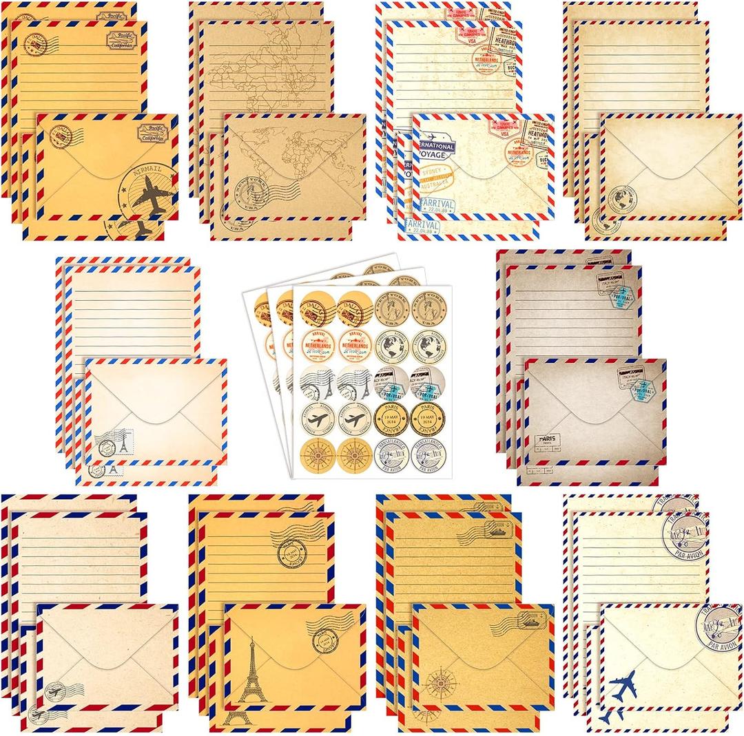 TaoBary 160 Pcs Stationery Paper Set 50 Double Sided Stationery Papers with 50 Matching Envelopes and 60 Round Dot Sticker, 10 Design(Vintage Airmail,5.5 x 8.25 Inch)