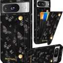 Petitian for Google Pixel 8 Case with Wallet - Women Girls Cute Girly Aesthetic Unique Design Leather Credit Card Holder Cardholder Stand Wristband for Pixel 8, Black Butterfly