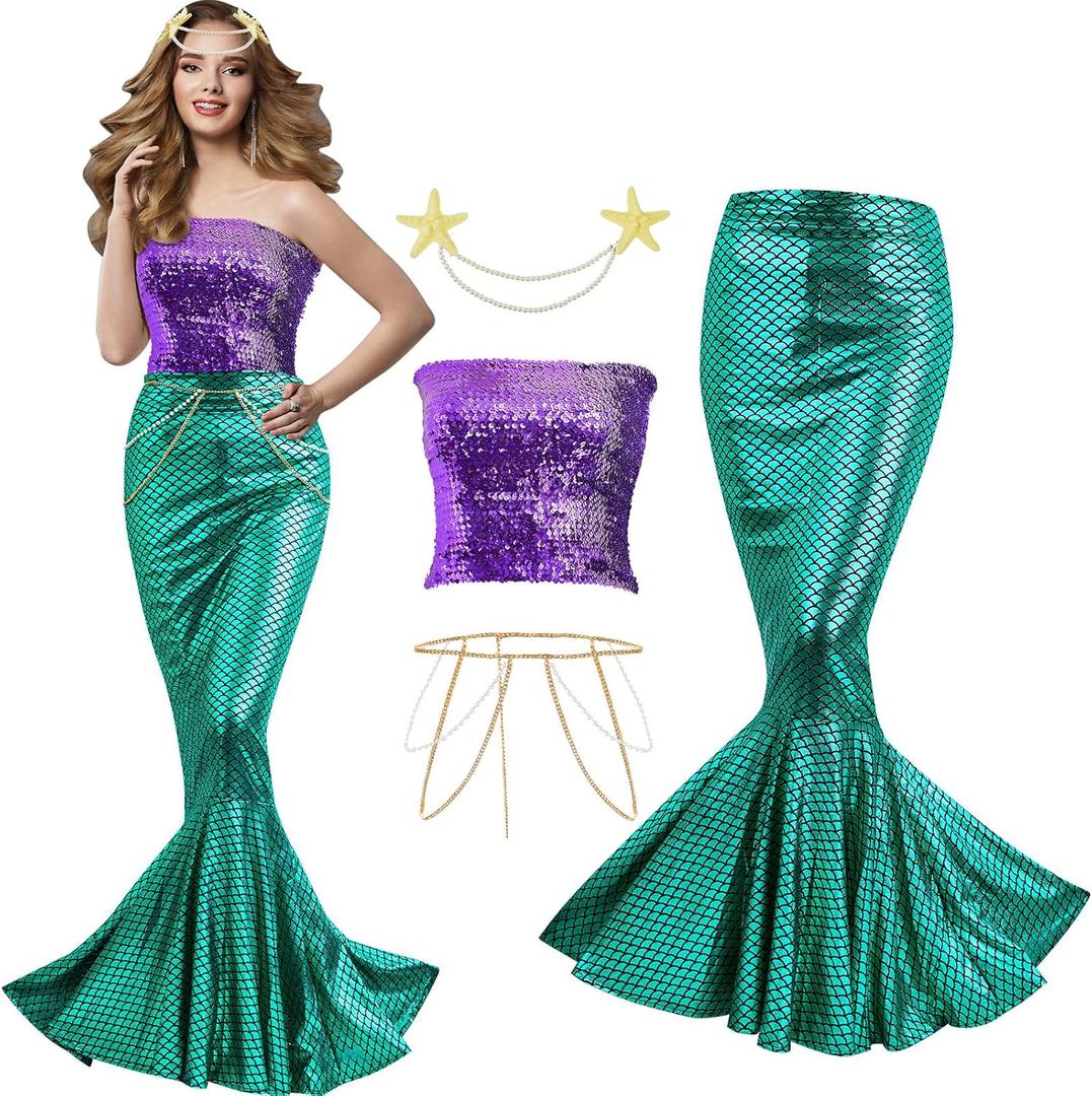 Newcotte 4 Pcs Mermaid Costume for Women Sequin Tube Top Skirt Pearl Waist and Head Chain for Halloween Cosplay (Small, Green, Purple)