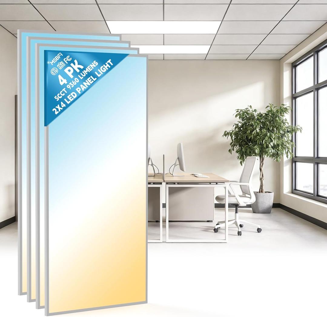 2x4 LED Flat Panel Light Drop Ceiling Office Fixture, 5 CCT 3000K-6500K Adjustable & 5 Wattage Selectable,0-10V Dimmable, 2X4 LED Flush Mount Ceiling Light, ETL Listed 4Pack