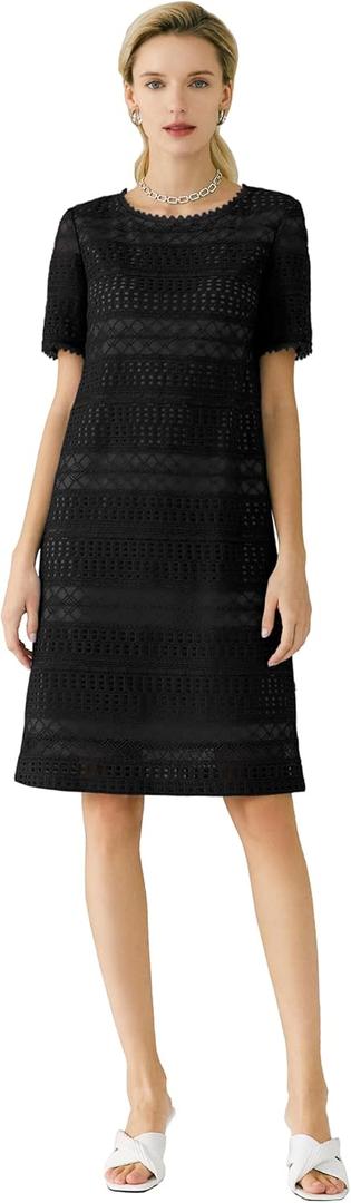 Women's Short-Sleeved Mid-Length Dress, Openwork Design Casual Elegant Dress for Women with Lace Trim Summer (Large, Black)