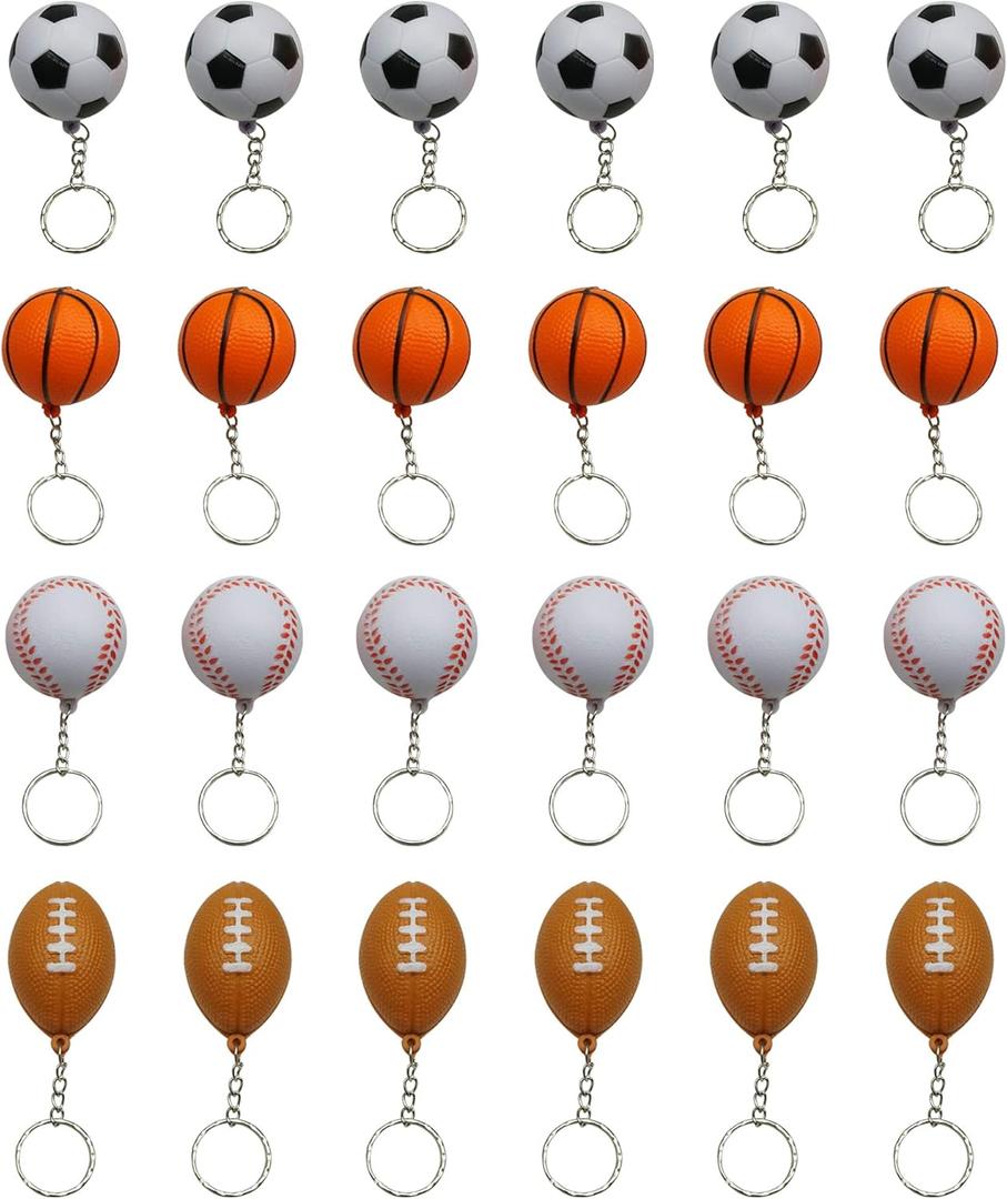 MOMOONNON Mini Foam Squeeze Sports Ball with Keychain, 24 Counts Mixed Mini Soccer, Basketball, Football, BaseBall, Kids Party Favors