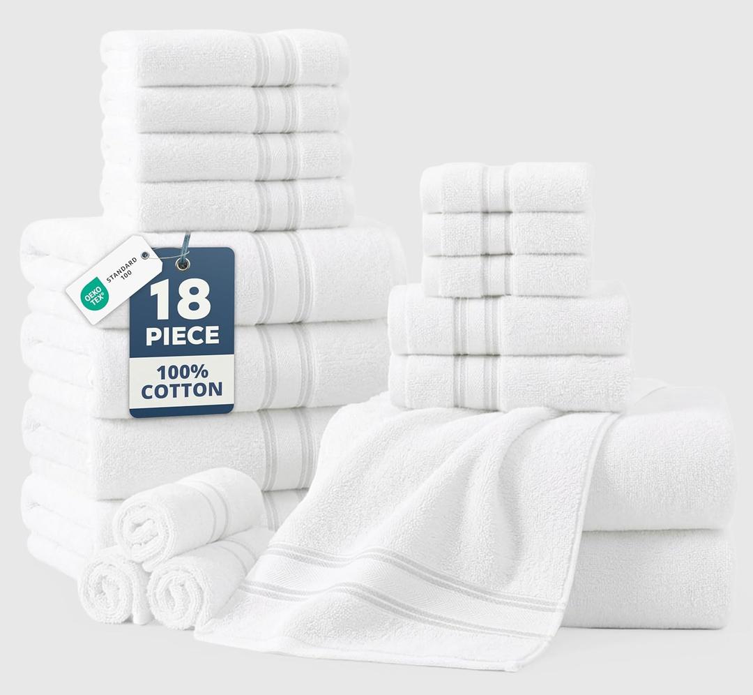 LANE LINEN Towel Set of 18 Premium 100% Cotton, Zero Twist, 6 Large Bath Towel, 6 Hand Towels & 6 Wash Cloths, Quick Dry & Long-Lasting, Perfect for Family Bathrooms, Easy Care White Towels