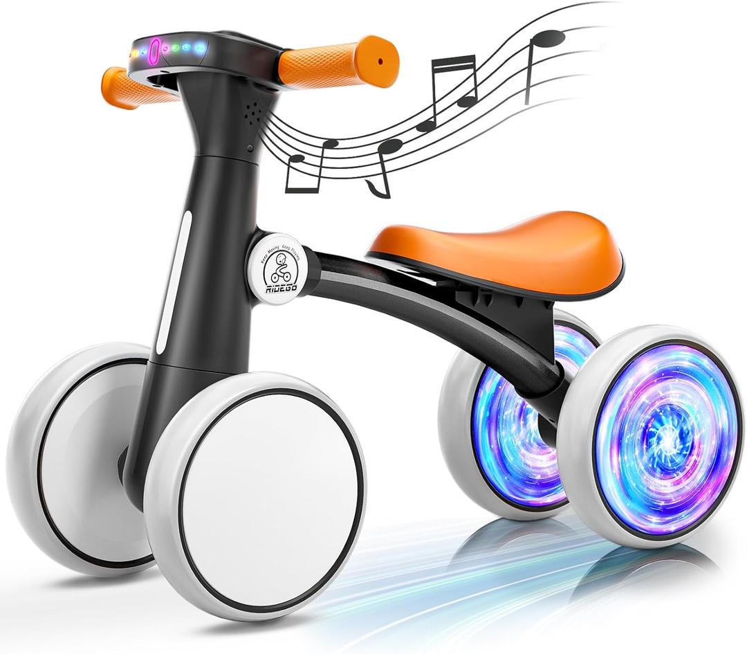 Ridego Colorful Lighting Baby Balance Bike Toys for 1 Year Old Boys Girls,12-24 Month Toddler Balance Bike with Music and Soft Seat, Toddler First Ride on Toys for 12-24 Months Birthday Gifts. (Black)