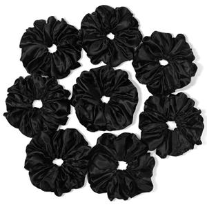 Black Scrunchies Hair Ties for Women - Big Satin Scrunchie Exra Large Jumbo Gaint Oversized Cute Scrunchy for Curl Thick Hair Ligas Para el Cabello De Mujer Decorations Hair Accessories (8Black)