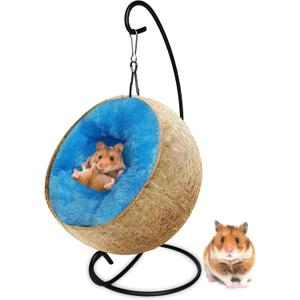 Fhiny Coconut Hamster Hideout Hammock, Natural Raw Coco Husk Bed House with Warm Pad Small Animal Habitat Decor Hanging Coconut Shell Cage Accessories for Dwarf Hamster Gerbil Sugar Glider Mice