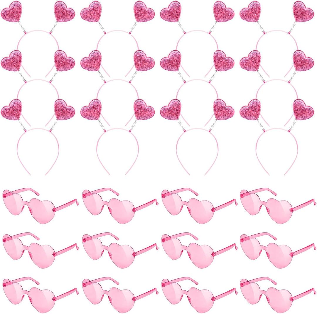 24 PCS Valentine's Day Heart Headband Sunglasses,Pink Glitter Cupid Headband,Seqyin Love Heart Boppers for Valentine,Wedding,Party Cosplay Coustume Accessories