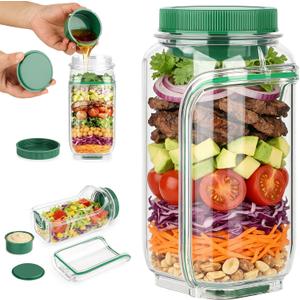 Suteng Salad Jar Pod Side Open, Reusable Side Opening Salad Jar with Leakproof Dressing Cup for Picnic, Travel (Green)