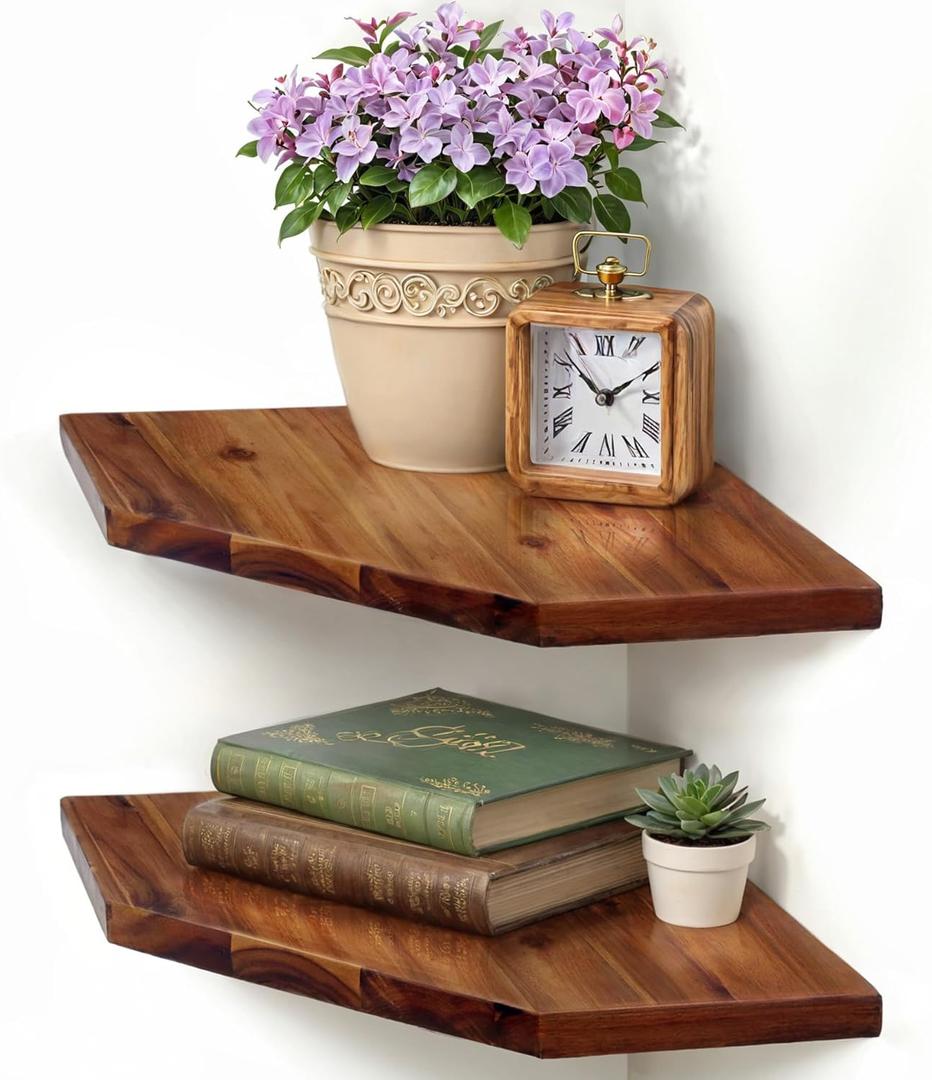 Demigo Corner Shelf Wall Mount, Set of 2 Solid Acacia Wood 11.8 x 16.5 inches Floating Corner Shelves, Smooth - Durable - Attractive Corner Shelves for Bedroom Living Room Bathroom Kitchen (Brown)