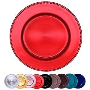 DaCakeWS Metallic Red Bead Charger Plates 13inch, Set 10PCS Plastic Round charger plates bulk wedding, Dinner, Wedding, Party, Event, Decoration(Beaded Red 10)