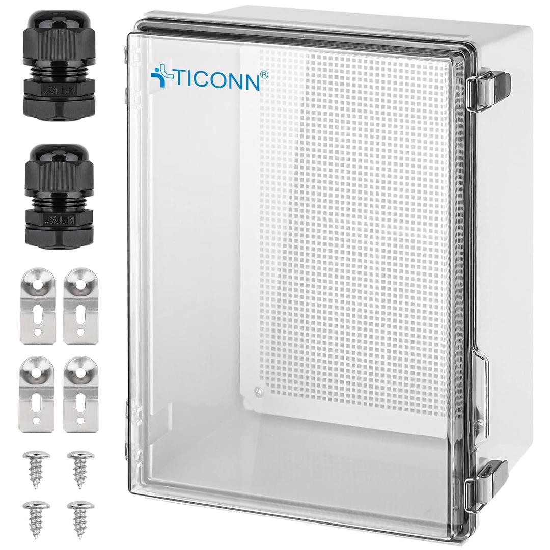 TICONN Waterproof Electrical Junction Box IP67 ABS Plastic Enclosure with Hinged Cover with Mounting Plate, Wall Brackets, Cable Glands (Clear, 13.8"x9.8"x5.9")