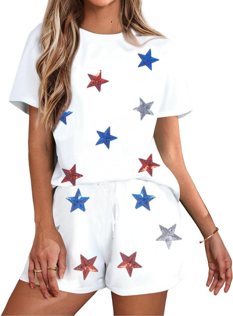 VILOVE Halloween 2 Piece Sequin Outfits Women Cute Ghost Graphic Shirts and Short Sets Casual Spooky Season Fall Set (Large, White)