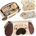 2 x Cute Pencil Case, Kawaii Special Puppy Design Bag & Pouch, Big Large Capacity 5-Compartment Case for School Supplies, Ideal for Boys & Girls (Beige)