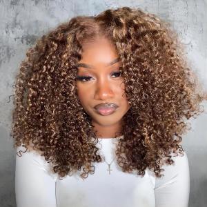 ISEE Wear and Go Glueless Wig Honey Blonde Afro Kinky Curly Lace Front Wigs Human Hair 7x5 HD Lace Wigs for Women Pre Cut Glueless Wigs Human Hair Pre Plucked 18 Inch Highlight Ombre Brown