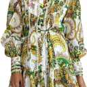Roiii Women A-Line Lace Loose Baroque Button Down Long Sleeve Casual Dresses V Neck Embroidery Party Short Dress (X-Small, Green)