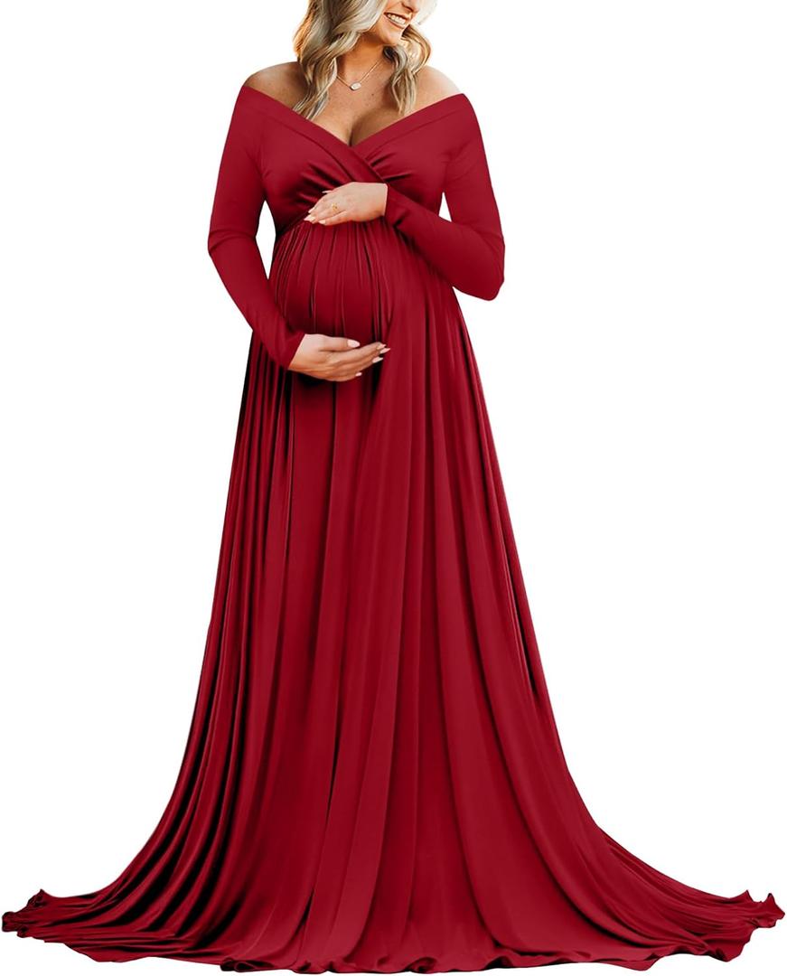 Saslax Maternity Off Shoulders Half Circle Gown for Baby Shower Photo Props Dress (Large, 1#-burgundy 162)