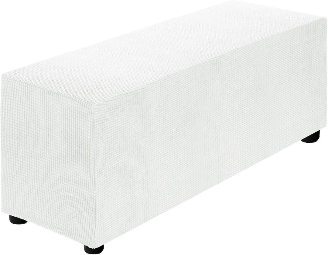 uxcell Stretch Ottoman Cover Rectangular Oversized Square Ottoman Slipcover with Elastic for Foot Stool Living Room Bedroom Fit Length 101-127cm / 40"-50", Large, White