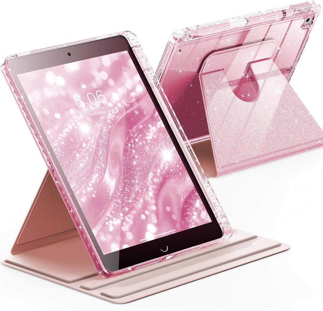 INFILAND Rotating Case for iPad 9th Generation (2021) / 8th Generation (2020) / 7th Generation (2019) 10.2 Inch 360 Rotating Cute Glitter Cover with Crystal Clear Back, Pencil Holder (Pink)