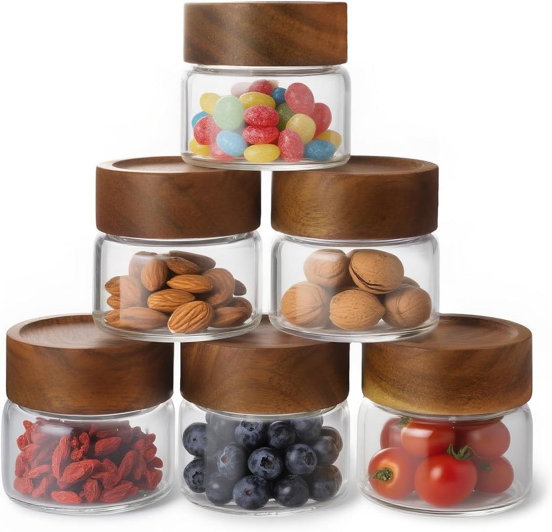 6-Pack 4 fl oz Stackable Airtight Glass Canisters with Acacia Lids - Small Mason Jars for Overnight Oats, Spice Storage, Herb Keepers, Pantry Organization and Dry Food Storage