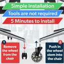 Office Chair Wheels Replacement - 3'' Clear Rubber Caster Wheels for Replacement Office Chair - Smooth Rolling on Carpet and Hardwood Floors - Universal Fit - Set of 5