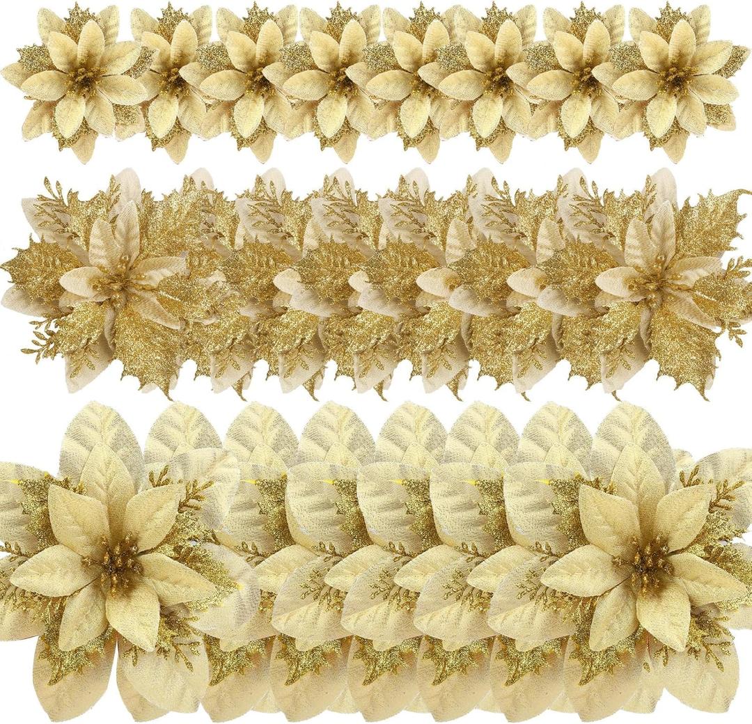 GREENTIME 24 Pcs Glitter Poinsettia Golden Artificial Flowers Christmas with Clips Stems Xmas Tree Ornaments for New Year Party Stairs Fireplace Porch Balcony Garden Church Wreath Decoration