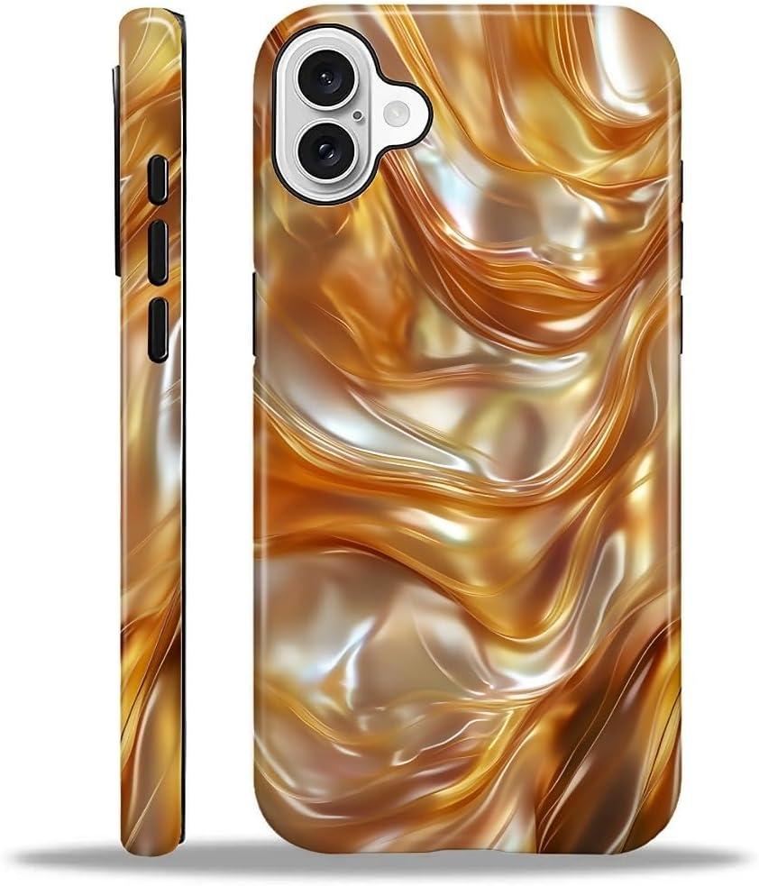 Compatible with iPhone 16 Case,Dual-Layer Protection, Hard Shell with Silicone Interior,Slim Scratch Resistant Shockproof for Woman Men Pearl Orange Gold Abalone Shell