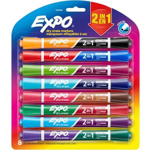 EXPO Dry Erase 2-in-1 Markers, Chisel Tip, Assorted Colors, 8 Count - Whiteboard, School, Classroom, Teacher Supplies