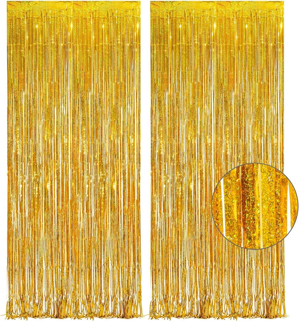 Gold Fringe Curtain Tinsel Backdrop - GREATRIL Foil Fringe Curtain Party Streamers for Prom 2026 NYE New Years Eve Birthdays Christmas Theme Party Decorations Pack of 2