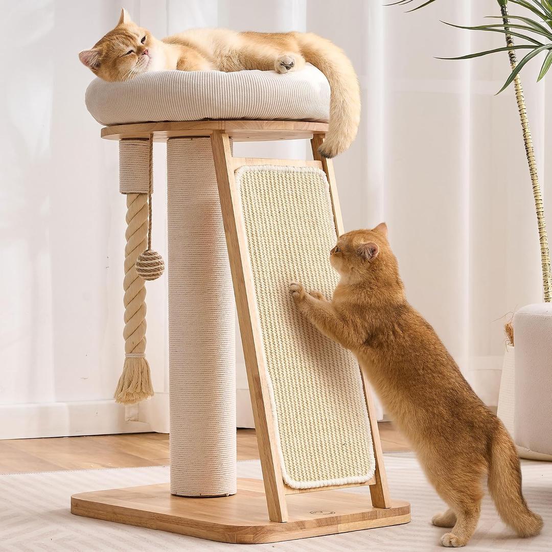 Modern Cat Tree Small Tower with Scratching Post for Indoor, Solid Wood Multifunctional Corner Cat Tree Tower with Bed, Dangling Ball,Interactive Rope, Scratching Board