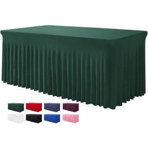 Table Skirt for 4 Foot Tables - One-Piece Hunter Green Tablecloths and Skirt, Wrinkle Resistant Ruffles Elastic Cover for Banquets, Weddings, Events, Parties