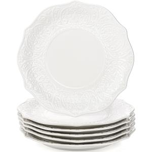 SOUJOY Set of 6 Salad Plate, 8 Inch Porcelain Dessert Serving Plates, Embossed Printing Small Dinner Dish for Pancakes, Steak, Microwave, Dishwasher Safe