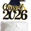 LINGBOOM Class of 2026 Graduation Cake Topper Black Glitter Congrats Grad Cake Decorations Happy Graduation Congratulations Grad 2026 Party Supplies (Black)