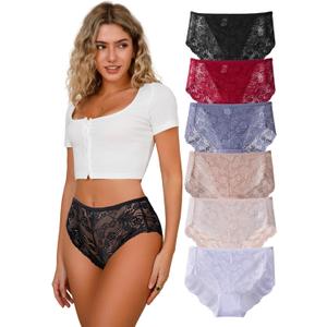 High Rise Cheeky Panties Womens Lace Briefs Ladies Cotton Sexy Underwear 6 Pack Large, 