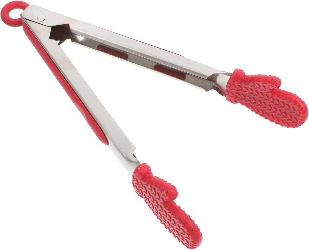 Kichvoe Christmas Kitchen Tongs - Non-Stick Stainless Steel Tong With Silicone Tips - 9.44" Heat-Resistant Appetizer Salad Food Serving Clamp For Cooking, Grilling, and Serving, Red