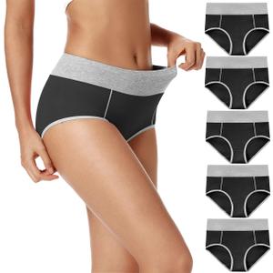 POKARLA Womens Cotton Underwear High Waist Full Coverage Briefs Soft Breathable Postpartum Panties Stretch Underpants (Small, Black-5pack)