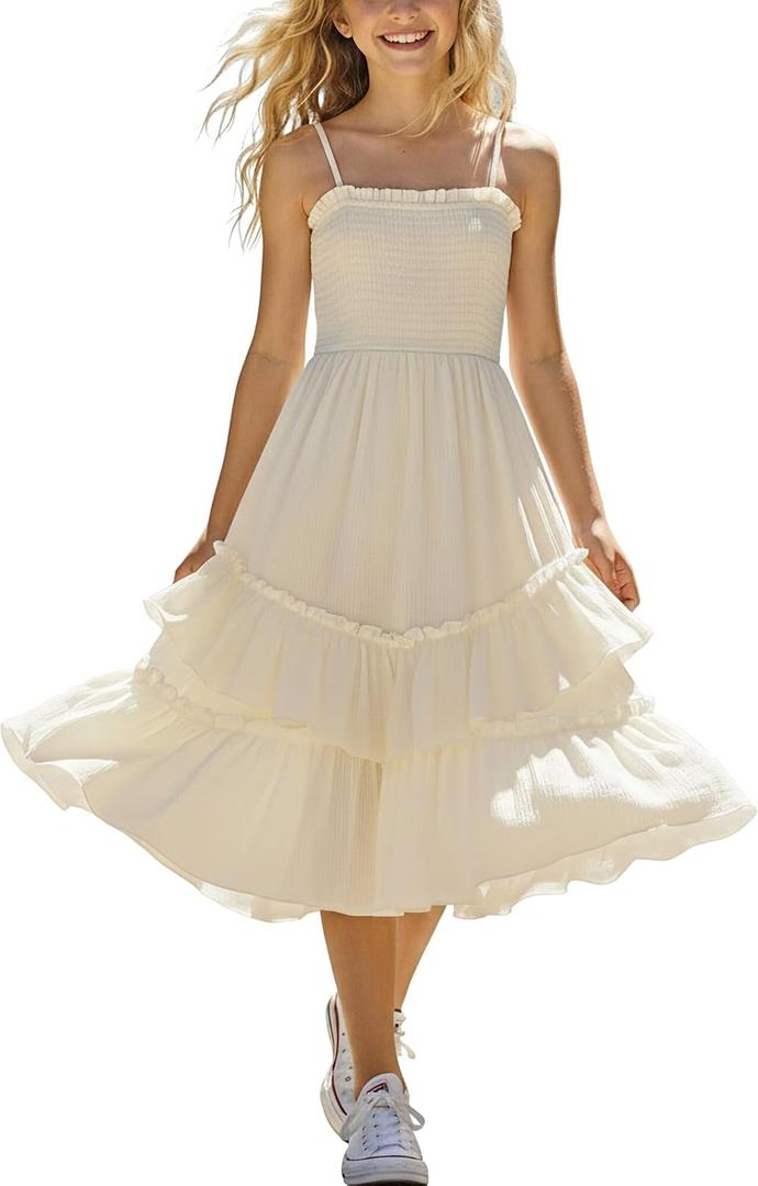 Sunny Spirit Girls Summer Dress for Tween Girl Teen Kids Sundress Maxi Boho Smocked Flowy 2-Way Layered Skirt 5-14 Years