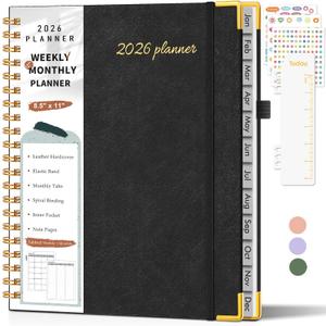2026 Planner, Weekly and Monthly Calendar Planner from January 2026 - December 2026, 8.5" x 11" Hardcover Leather Hourly Appointment Book with Tabs, Spiral Daily Planners for College School Work Home, Black