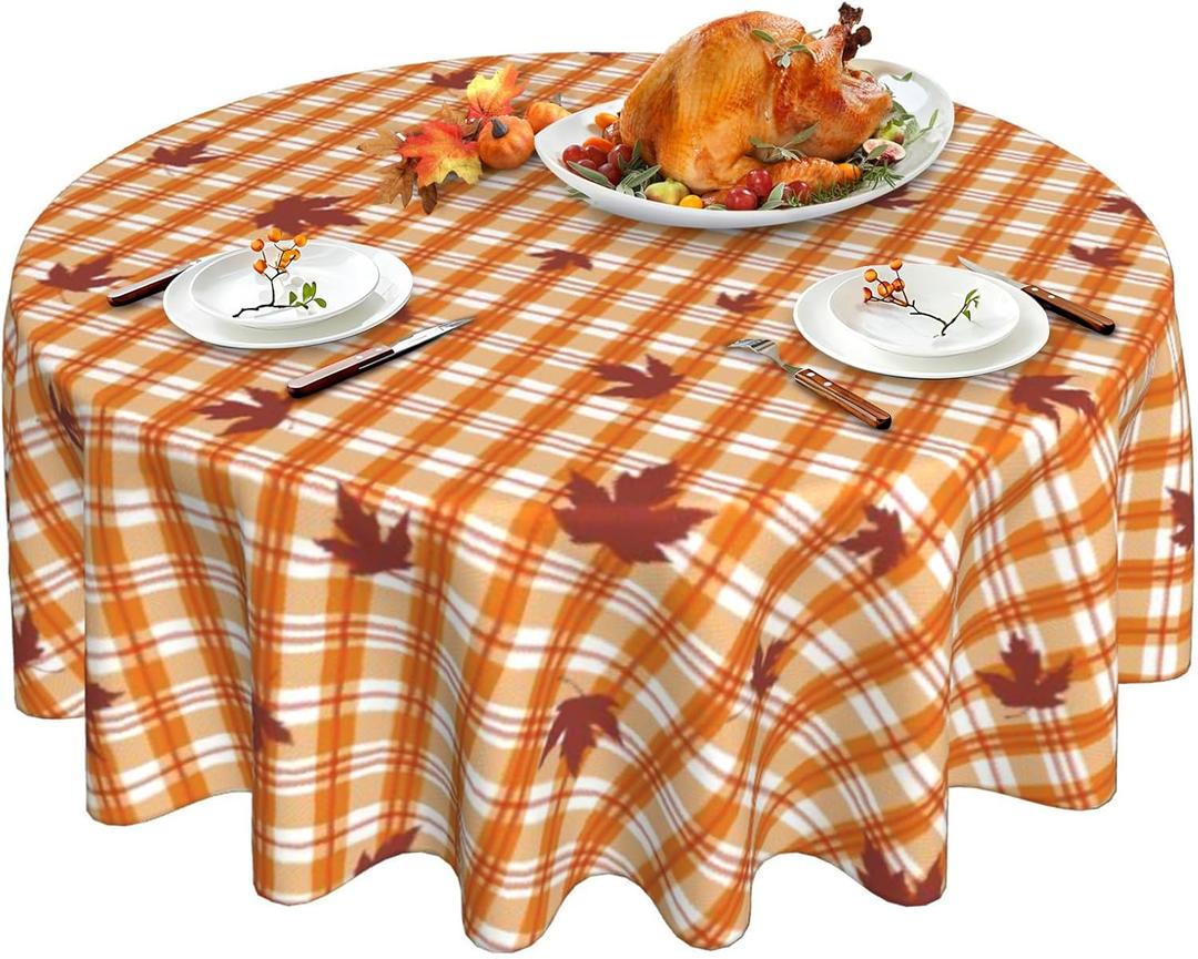 Fall Tablecloth Round 60 Inch Orange Plaid with Maple Leaves Table Cloth for Thanksgiving Party Holiday Home Dining Table Decor