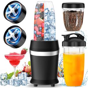 12-Piece Smoothie Blender Maker 25,000 RPM Personal Blender for Ice Crushing Smoothies & Frozen Drinks Nuts with 23oz, 32oz, 37oz Portable Cups Two 6-Leaf Stainless Steel Blades, Matte Black