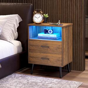 LVSOMT LED Nightstand with 3 Colors Dimmable Light, Bedroom Night Stand with Charging Station, Modern Smart Bed Side Table with 2 Drawers, Metal Legs, End Table for Living Room, Rustic Brown