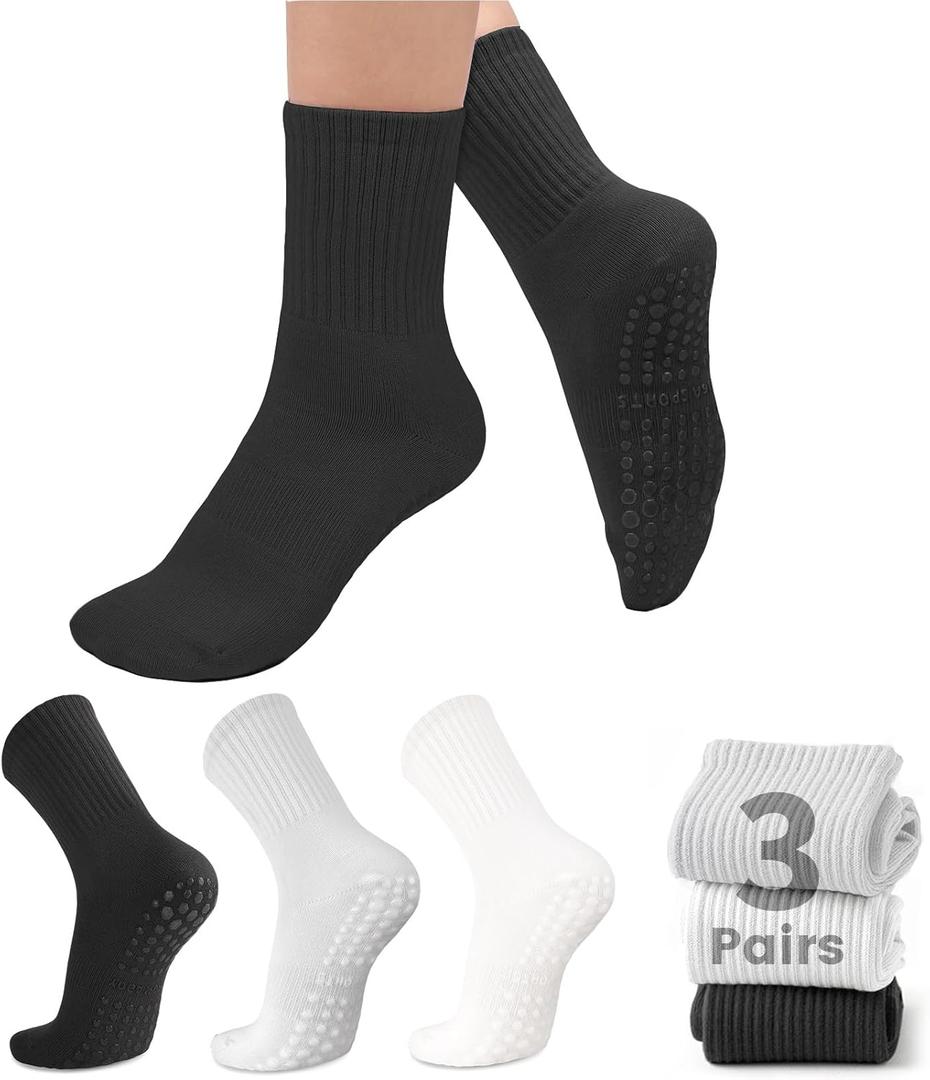 Purplepig 3 Pairs Grip Pilates Socks Non-Slip Yoga Socks for Women Pilates, Pure Barre, Barefoot Workout, Pregnancy, Hospital (5.5-9, 05 Black/White/Light Grey)