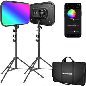 NEEWER RGB168 18.3" RGB LED Video Panel Light with App Control, 2 Pack Tripod Stand Kit, 60W/360 Full Color/2500~8500K/CRI97+, Studio Photography/YouTube Recording/Game Streaming Key Lighting