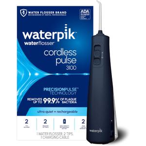 Waterpik Cordless Pulse Rechargeable Portable Water Flosser for Teeth, Gums, Braces Care and Travel with 2 Flossing Tips, Waterproof for Shower, ADA Accepted, WF-20 Blue, Packaging and To[s