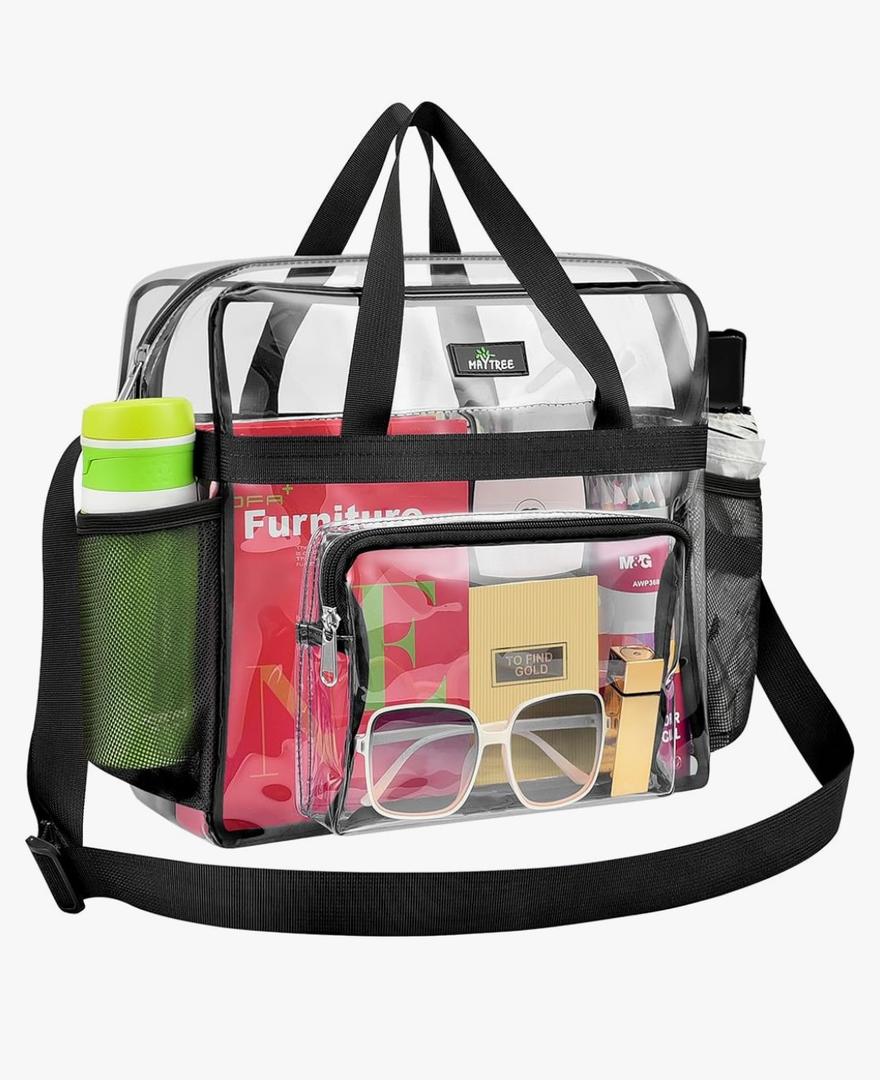 MAY TREE Clear Bag for Stadium Events 12×6×12 Clear Tote Lunch Bag with Reinforced Strap for Work, Concert and Sports, Black