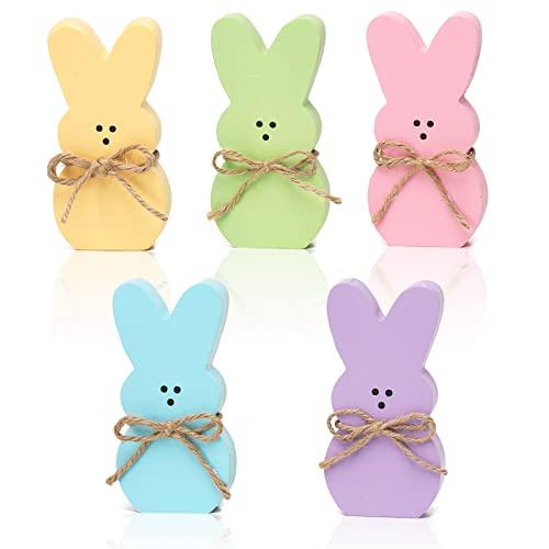 5Pcs Easter Wooden Peep Bunny Sign Tiered Tray Decor, Rabbit Table Centerpieces with Jute Rope Easter Freestanding Rabbit Tabletop Decoration for Spring