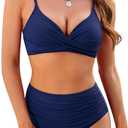 ZAFUL Women High Waisted Bikini Sets Two Piece Swimsuit Push Up Twist Front Ruched Bathing Suit (Small, Navy Blue)