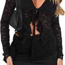 CSDAJIO 2 Piece Outfits for Women Floral Lace Open Front Tie Up Long Sleeve Crop Top Blouse Shirt and Mini Skirt Set (Medium, Dpattern Black)