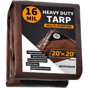 Tarps Heavy Duty Waterproof 20x20ft, 16Mil Poly Tarps with Grommets, UV Resistant, Brown Multipurpose Tarpaulin with Reinforced Edges, Camping, Outdoor Coverings