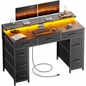 HLDIRECT 47 inch Computer Desk with 8 Storage Drawers, Gaming Desk with LED Lights & USB Power Outlets, Home Office Table with Monitor Stand, Study Writing Work Table for Bedroom, Black, 47" W x 20.5" D x 29" H